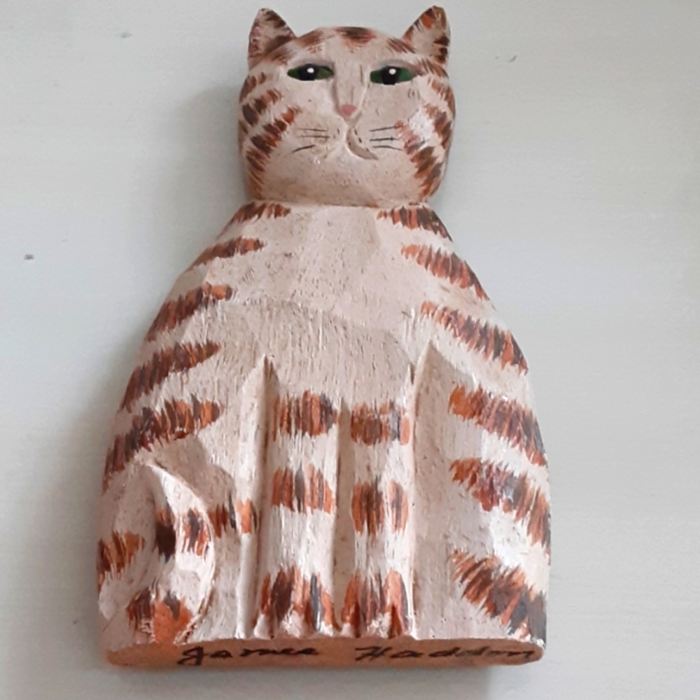 Whimsical Folk Art Cat 5" Hand Carved Wood Artist Signed James Haddon Vintage